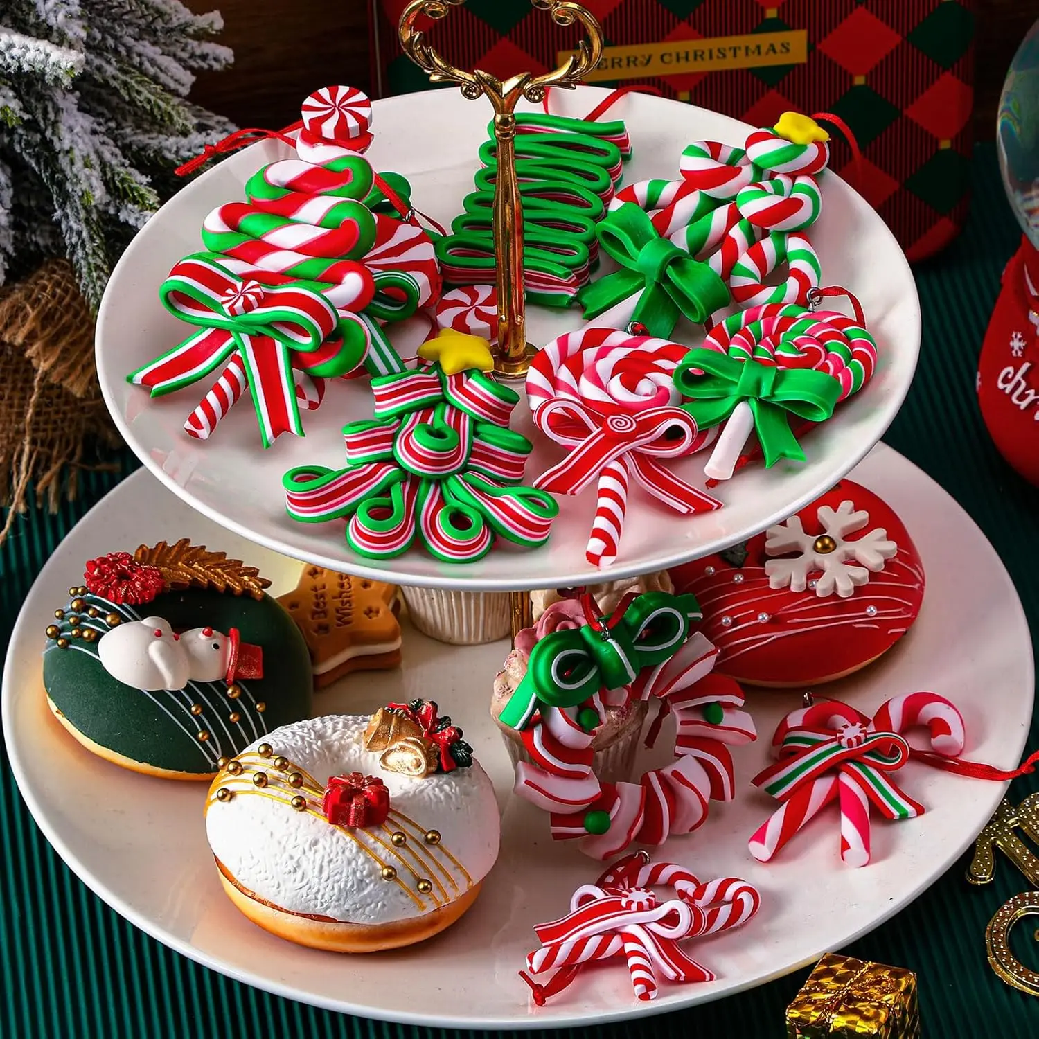 16 قطعة من حلي مصاصة عيد الميلاد، حلي معلقة على شكل قصب حلوى صغيرة ملونة، قلادات من طين البوليمر والنعناع #4