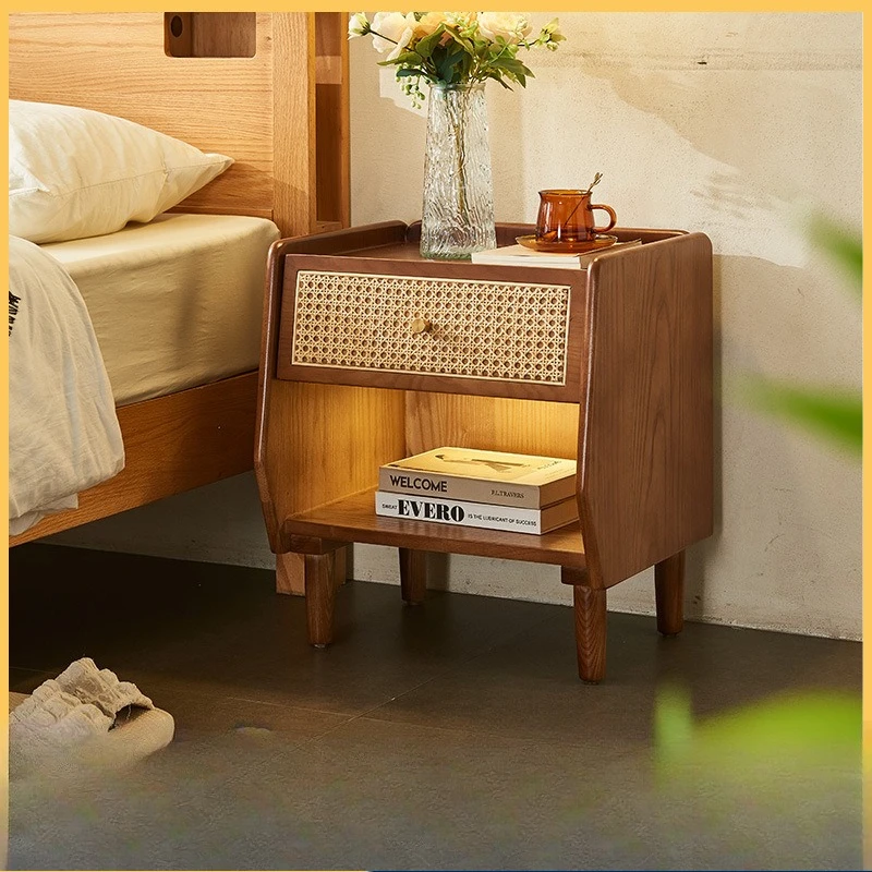 

Nordic solid wood bedside table, small apartment sofa side cabinet, simple rattan edge storage cabinet, corner storage small cab