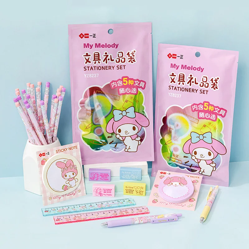 12set Sanrio Mymelody Students Stationery Set Gift Bag Roller Ball Pen Pencil Sticky Note Ruler Rubber School Supplies Wholesale