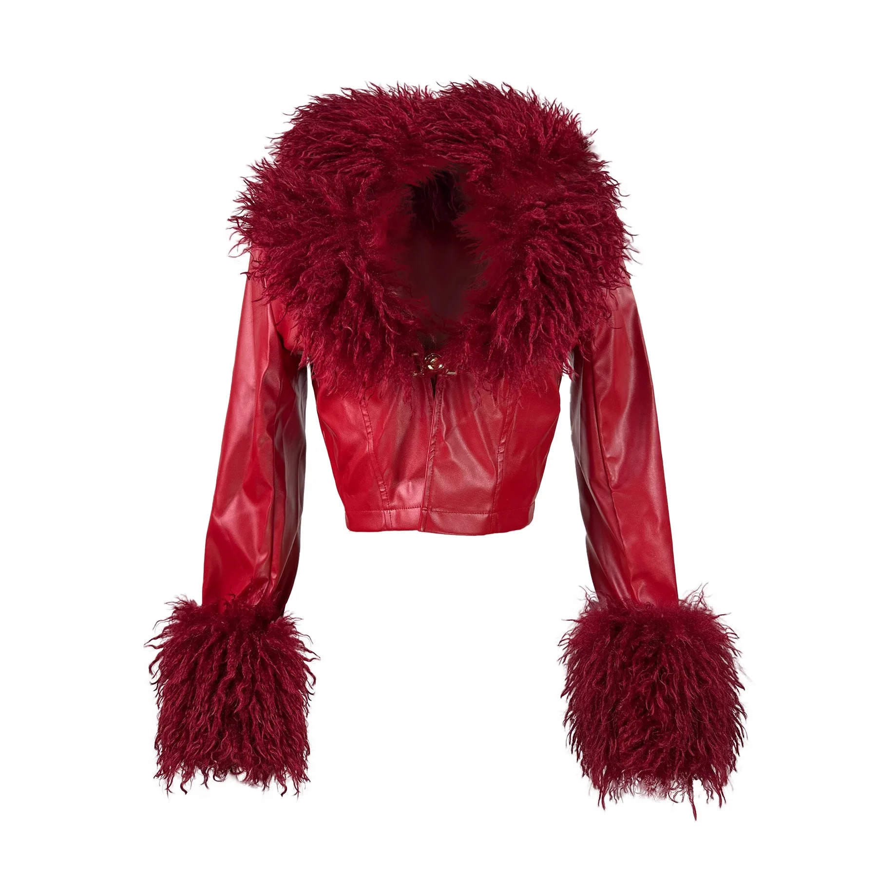 Short Length Women Coats Faux Leather Jackets V Neck Fur Tight Waist Full Sleeve Pu Coat Y2k Streetwear Splice 2026 Spring