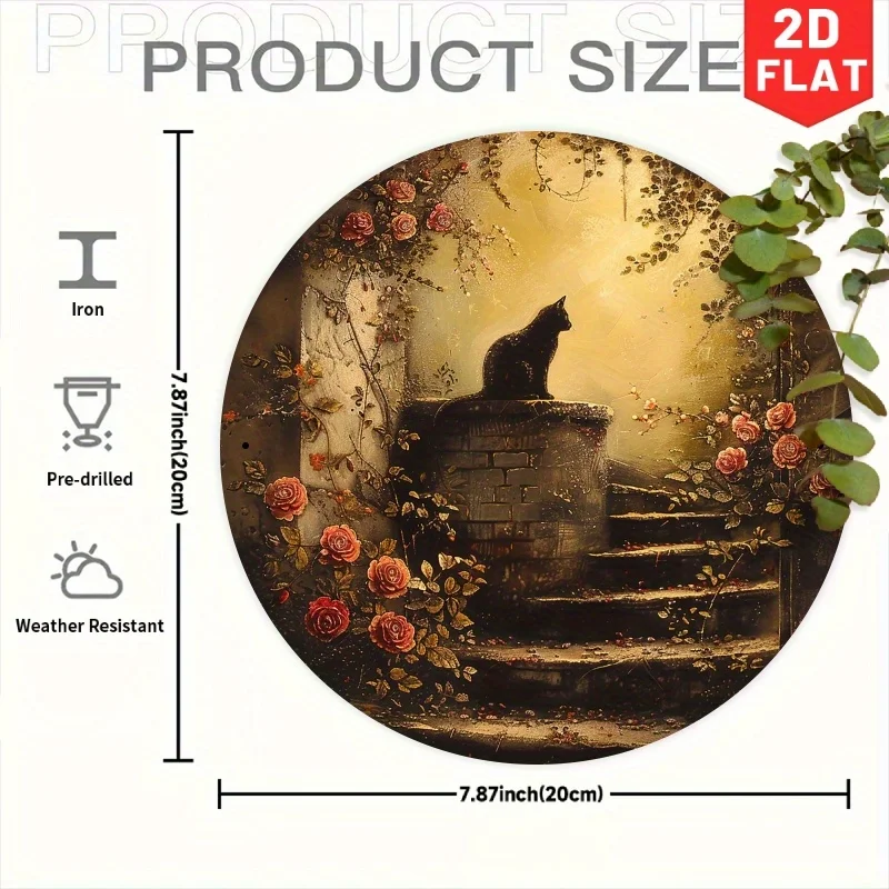 2D Flat, 1pc Vintage Black Cat in Roses Iron Wall Art, 7.87