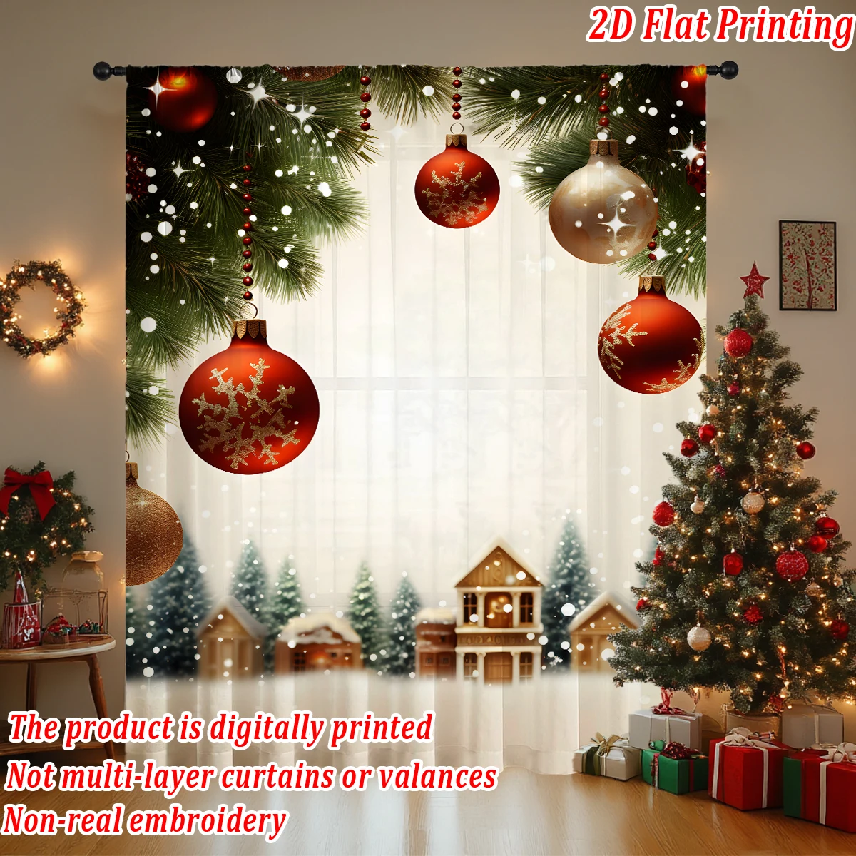 ستارة شفافة مطبوعة مسطحة لعيد الميلاد مع مدينة ثلجية لعيد الميلاد، لغرفة المعيشة وغرفة النوم وديكور النوافذ وأجواء الحفلات