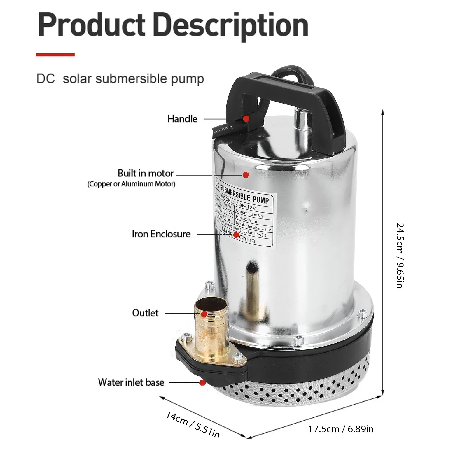DC-Tauchpumpe, 180 W, 8 m Hub, 1 Zoll Auslass, Edelstahlgehäuse, Kupfermotor, Brunnenpumpe für Gartenteich, Pool, DC12 V