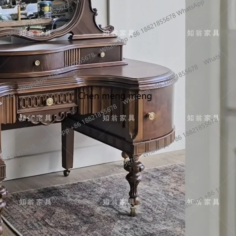 الفرنسية الرجعية الخشب الصلب نحت زهرة خلع الملابس شقة صغيرة غرفة نوم المنزل خلع الملابس مع مرآة ماكياج #5