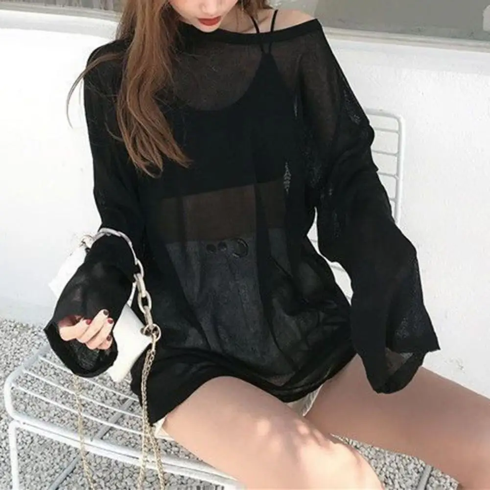 

Tee Top Stylish Women's Long Sleeve Round Neck Tops in Ice Silk Polyester Materials Loose Fit Casual Pullover with Sunscreen