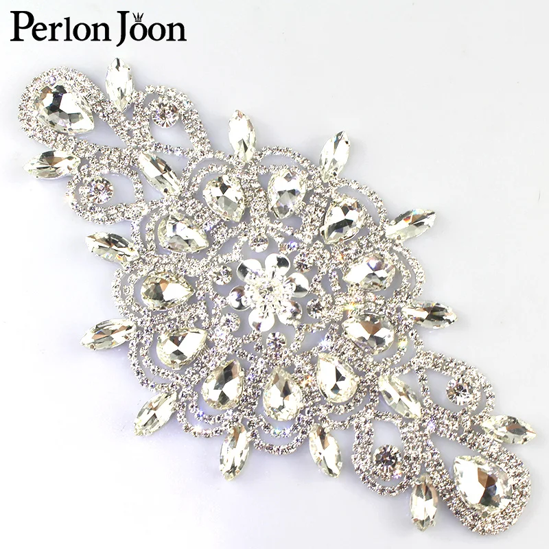 1pcs white rhinestone oval patch crystal big plating sliver flower applique sew on Wedding dress decoration accessories YH Z037