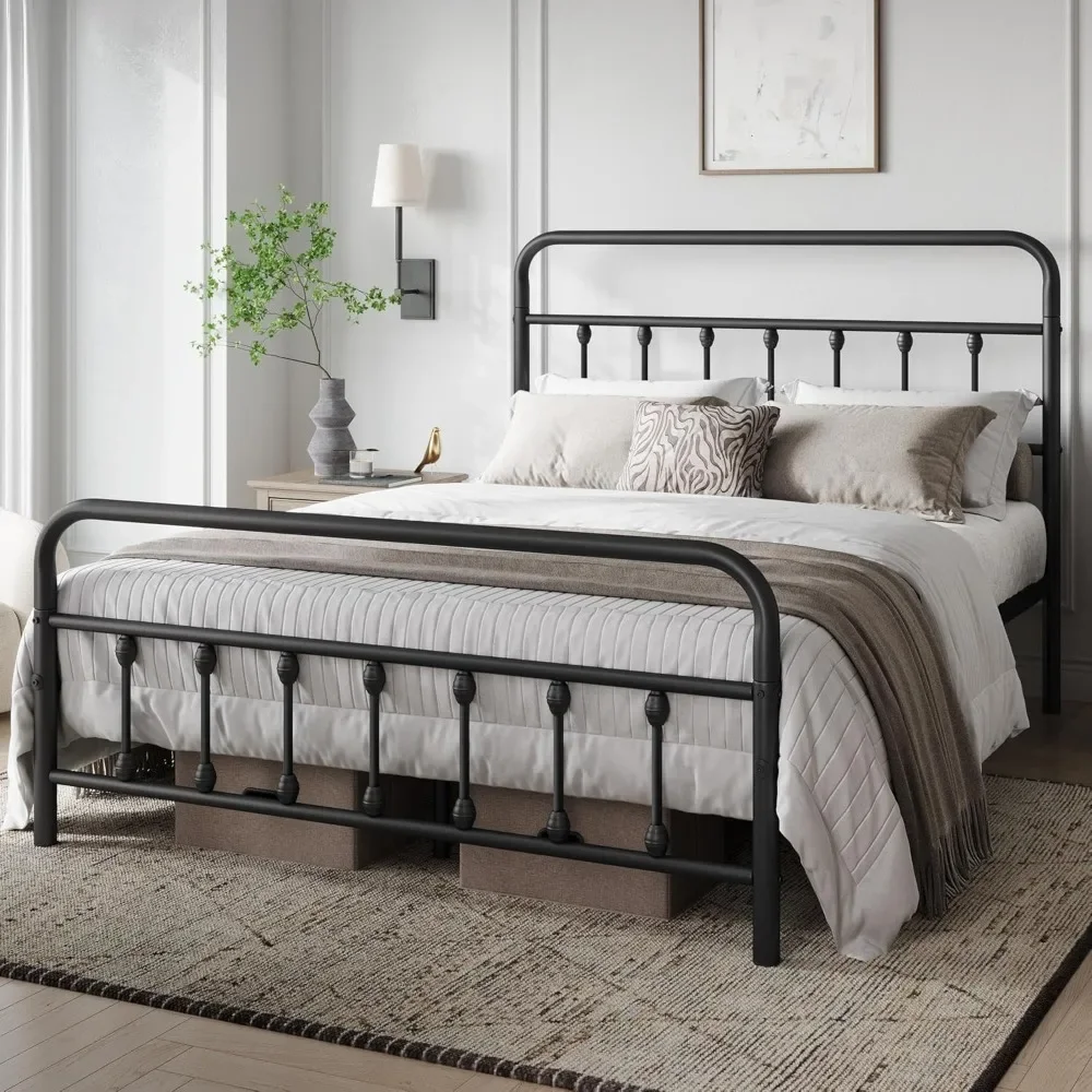 Classic Metal Platform Bed Frame Mattress Foundation with Victorian Style Iron-Art Headboard/Footboard/Under Bed Storage