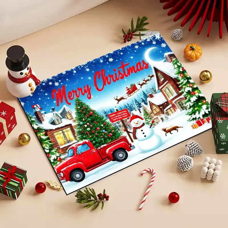 VIKAMA Tree & Snow Christmas Diatom Mud Door Mat, Non-Slip Washable Xmas Area Rug for Entryway Front Door Living Room Kitchen