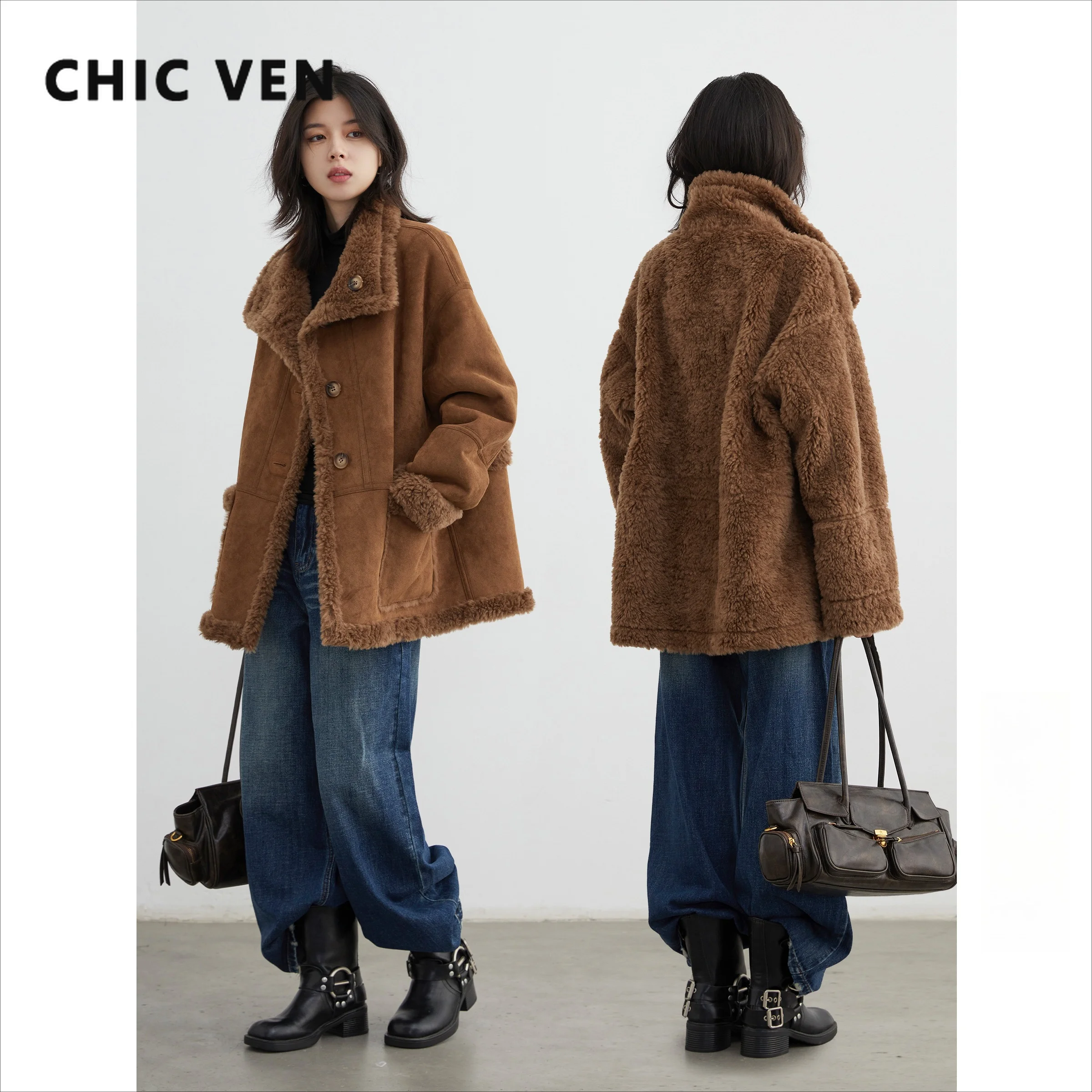 CHIC VEN New Women Jackets Single-breasted Solid Loose Casual Mid Length Retro Female Suede Coat Inner Wool Autumn Winter 2026