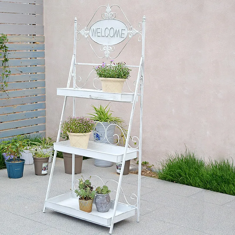 European foldable multi-layer balcony wrought iron flower stand indoor retro shelf for old succulent floor-to-ceiling flower pot