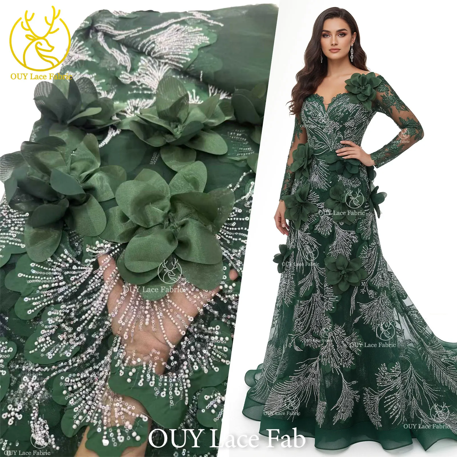 

3D Popular African Floral Beaded Sequined Lace Fabric 2026 High-Quality Nigerian Green Tulle Lace Fabric for Wedding Dresses
