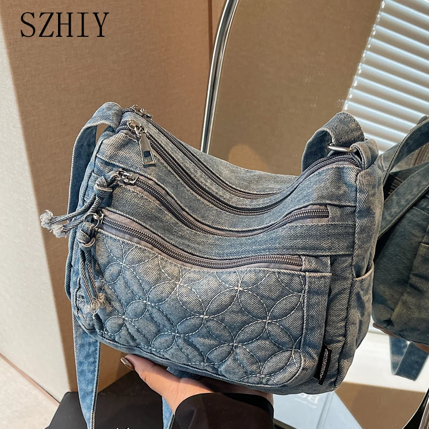 

Retro Washed Denim Shoulder Bag Women Crossbody Purse for Girls Multiple Pockets Zipper Lightweight Versatile Small Square Bag