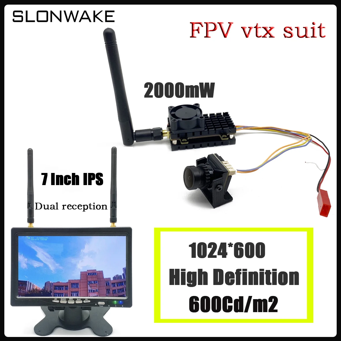 SLONWAKE 5.8GHz 48CH 2000mW adjustable FPV Transmitter Camera and IPS HD 600cd/m2 Screen 7 INCH Monitor for RC Car Parts