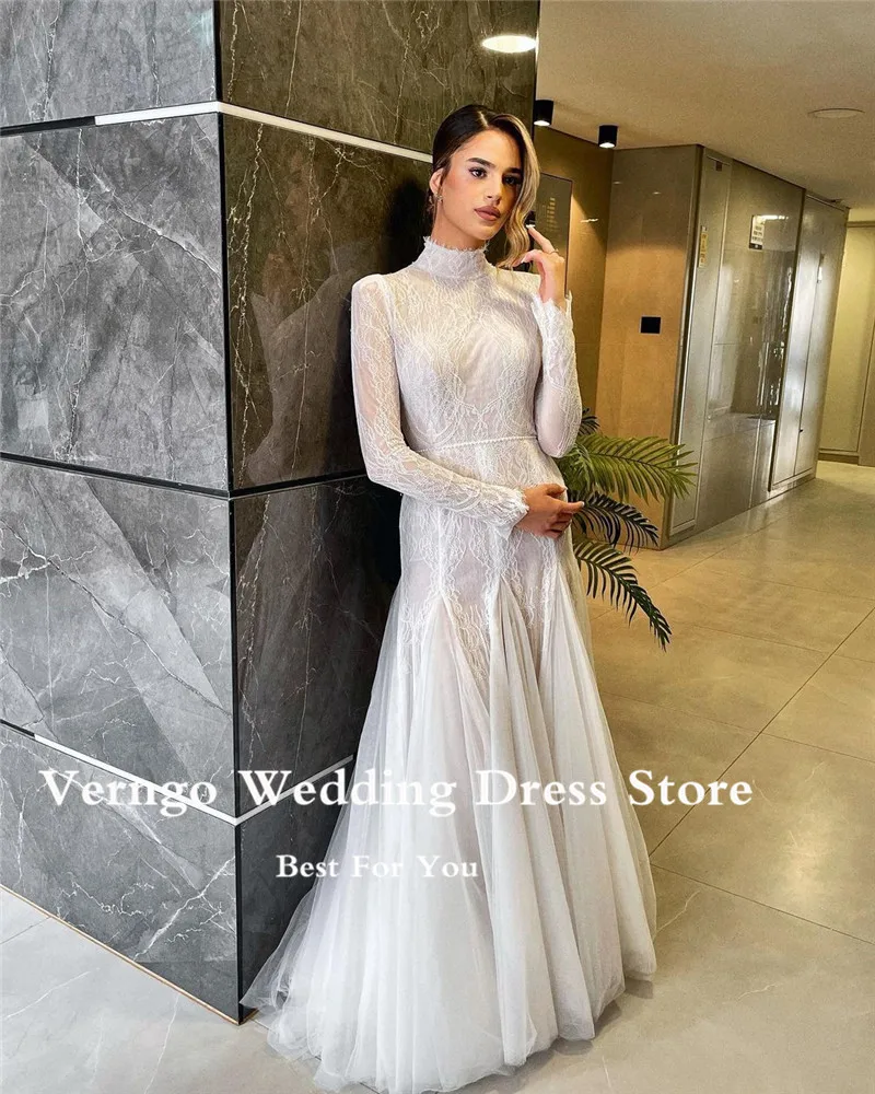 Verngo Elegant High Neck Lace Mermaid Wedding Dresses Boho Long Sleeves Tulle Bottom Arabic Women Bridal Gowns vestidos de novia