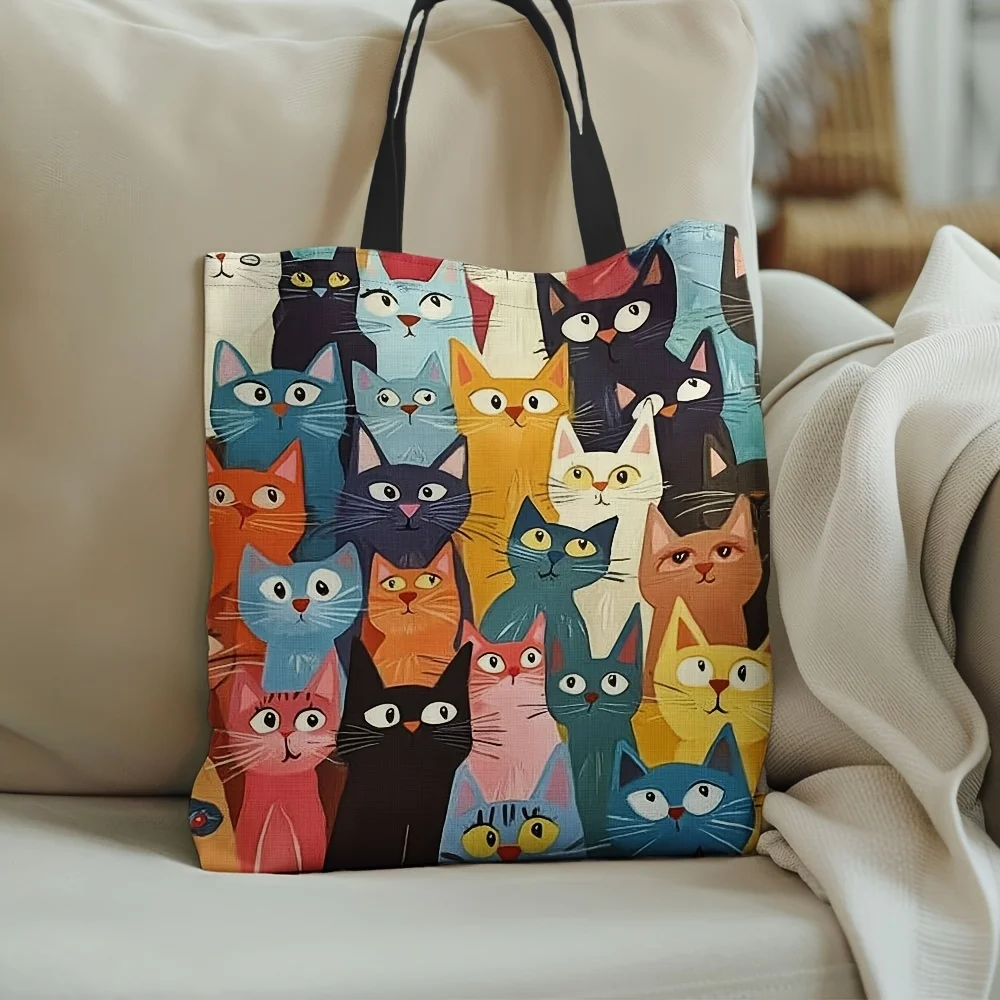 1pc Colorful Cat Pattern Tote Bag – Reusable, Stylish Shoulder Handbag for Men & Women, Fun Shopper with Cartoon Cat Faces,