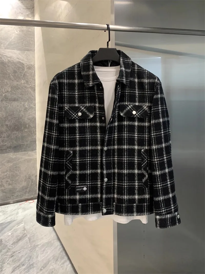 

Classic Plaid Collared ort Men's Jaet Autumn Winter Casual Workwear Multi-ket Trendy Polyester Cotton Blend Jaet