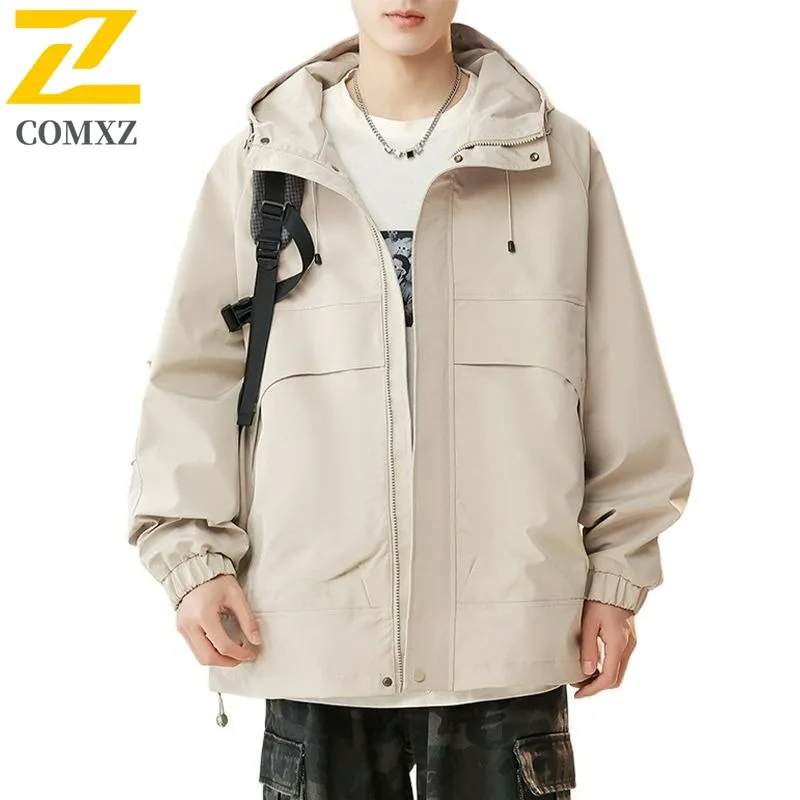 

COMXZ 2024, мужская однотонная куртка, весна-осень, ветровка с капюшоном в американском стиле, повседневная универсальная легкая верхняя одежда