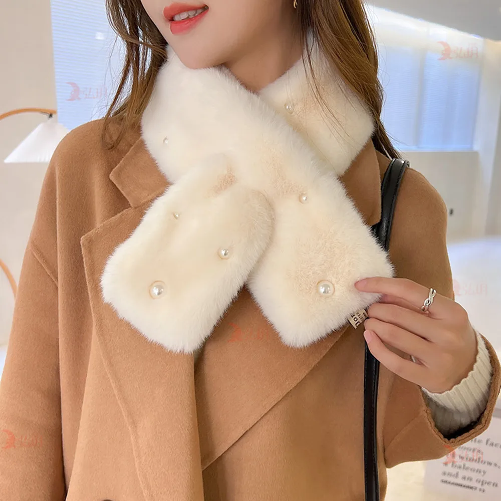 HOT Women Winter Faux Fur Scarf Solid Color Soft Fluffy Scarves Elegant Pearl Cross Neck Guard Cold Resistant Women Neck Warmer