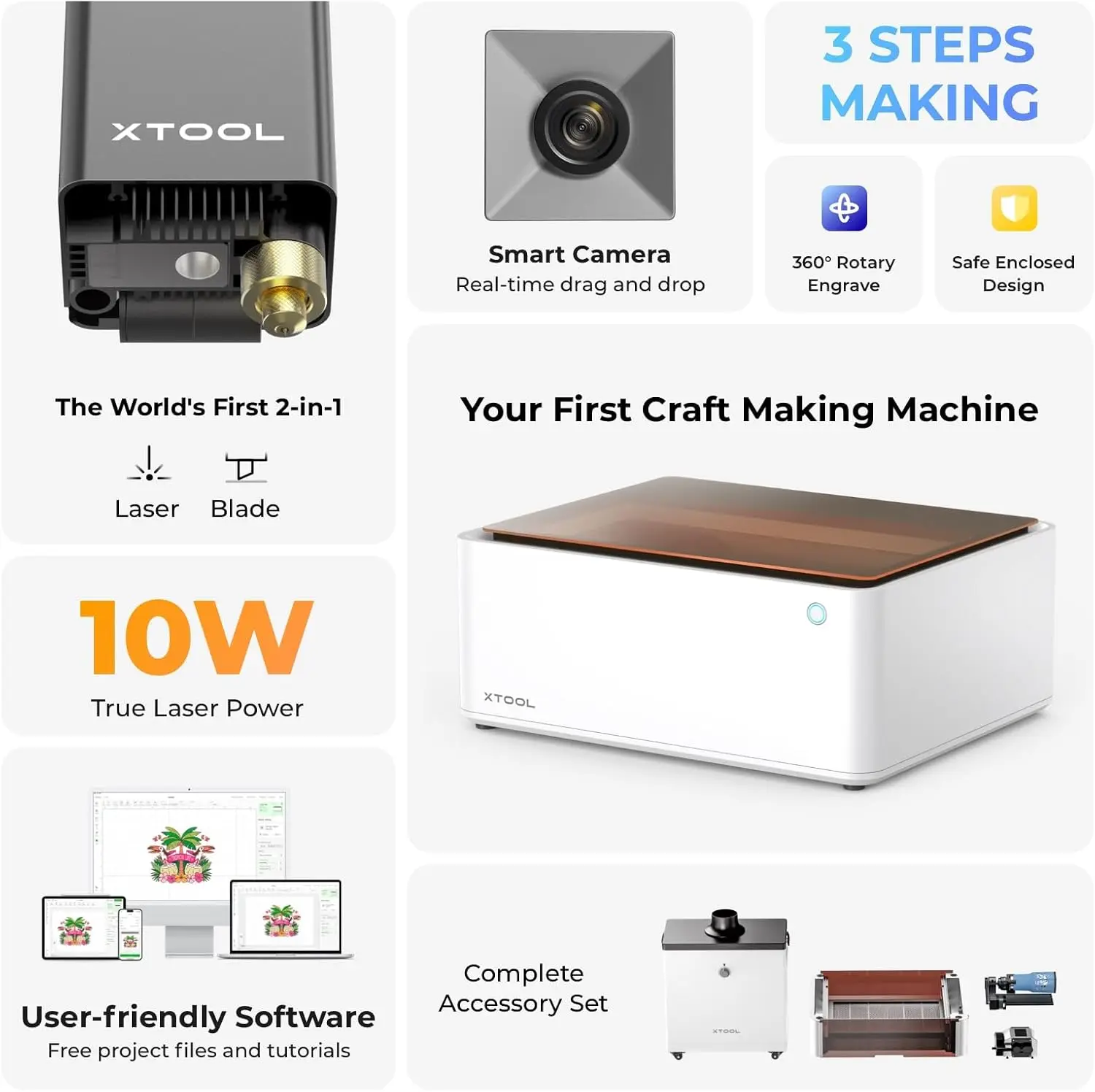 xTool M1 10W laser engraver with RA2Pro, 3-in-1 laser engraving, laser cutting, blade cutting, supports processing glass,