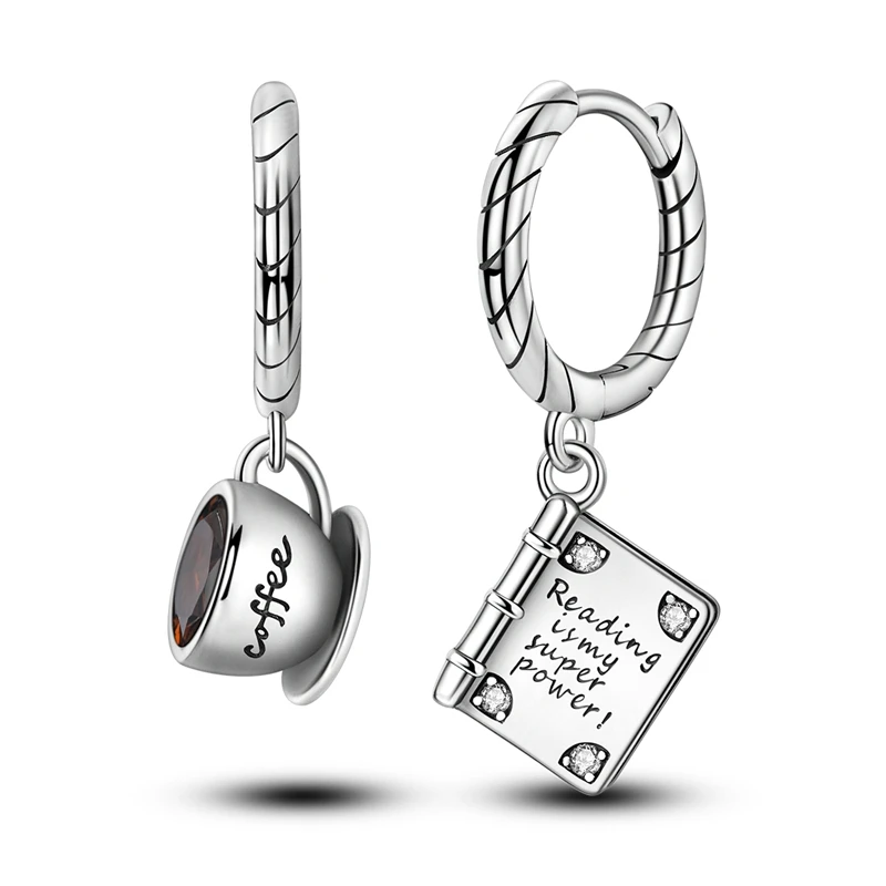 Fashionable 925 Sterling Silver Coffee Cup And Book Asymmetrical Earrings For Women's School Daily Jewelry Accessories