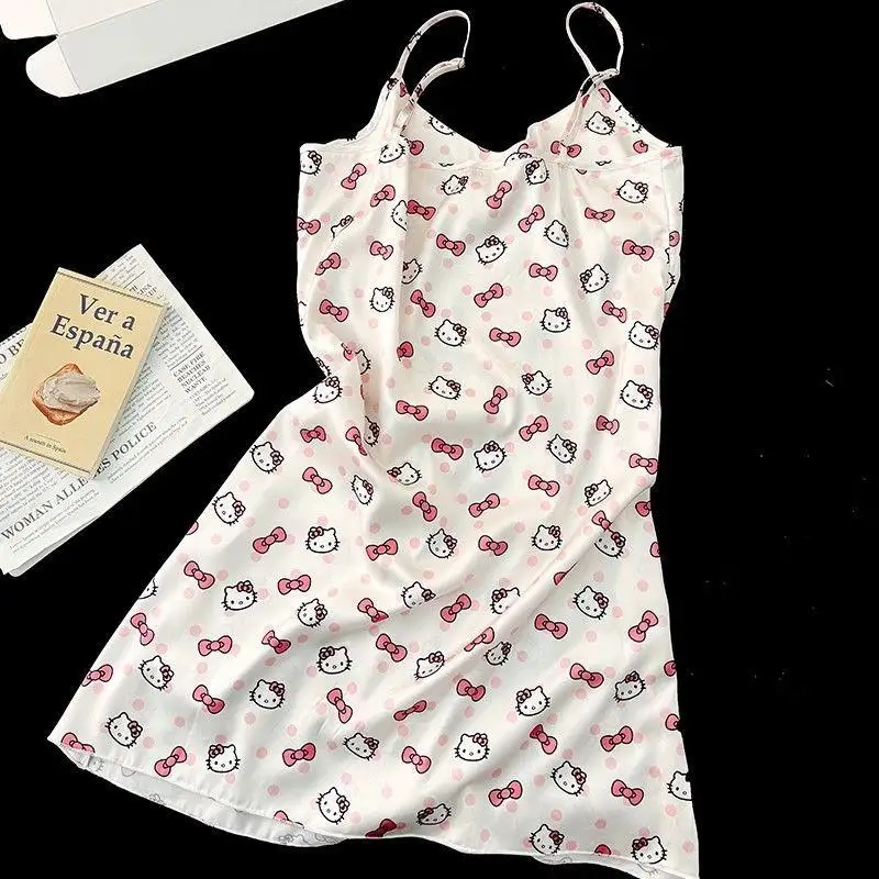 بيجامة نسائية صيفية من سانريو بحمالة هالو كيتي تنورة ليلية بدون أكمام تنورة ليلية مطبوعة برسوم كرتونية ملابس منزلية من الحرير الجليدي