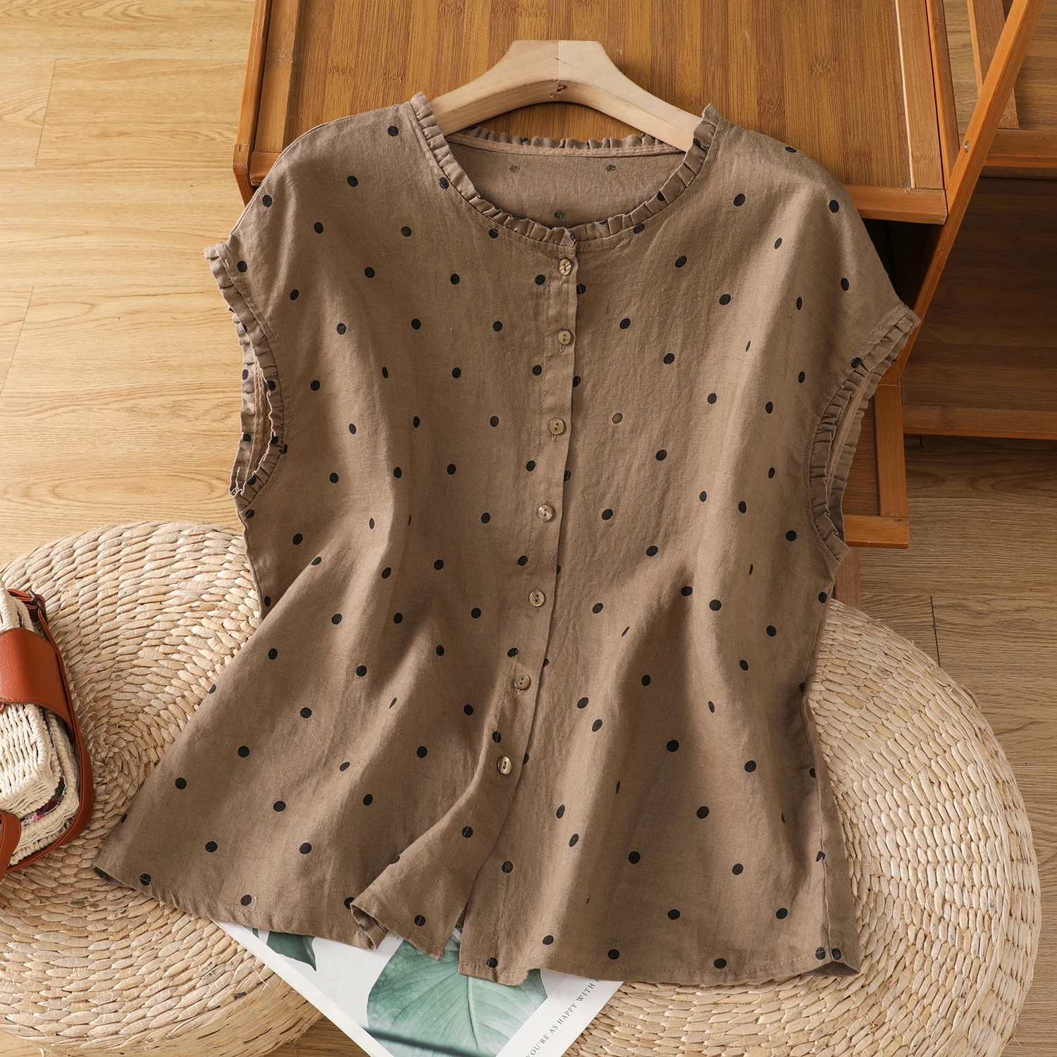 

Retro Polka Dot Linen Summer Shirt Women's Earmuff Collar Short Sleeve Top Commute Style Cotton Blend Regular Fit Summer Shirt
