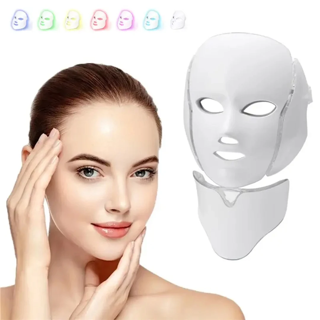 7 cores led face lifting firme massageador máscara facial com pescoço led terapia de luz máscara rejuvenescimento da pele anti acne dispositivo beleza