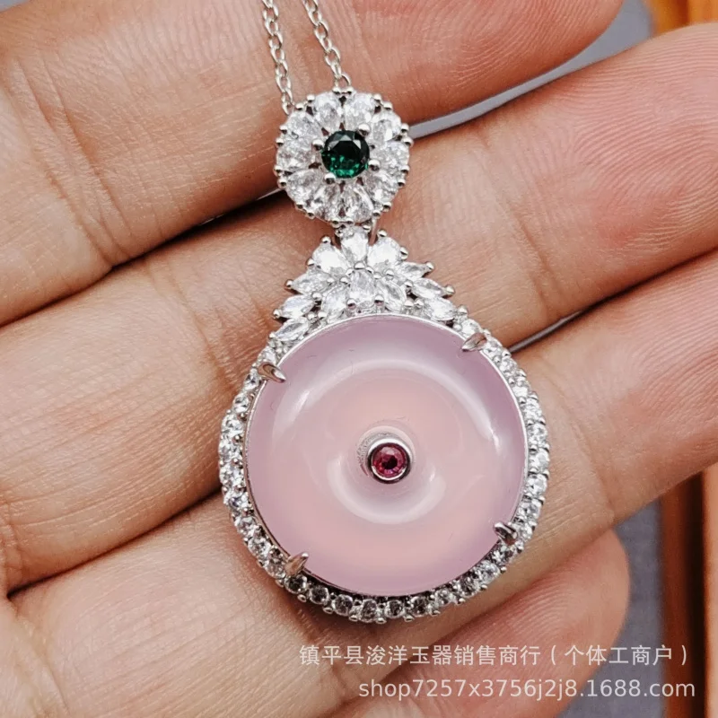 High-quality natural jade pendant with silver plating luxurious peace buckle design, featuring pink agate jadeite orname