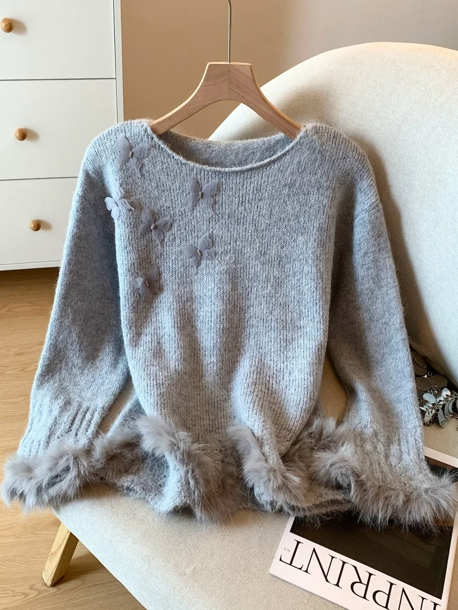 Sweet Soft  Embroidery round Neck Knitted Sweater Women's Autumn Winter Fluffy Soft Bell Sleeve Comfortable Knitwear view 4