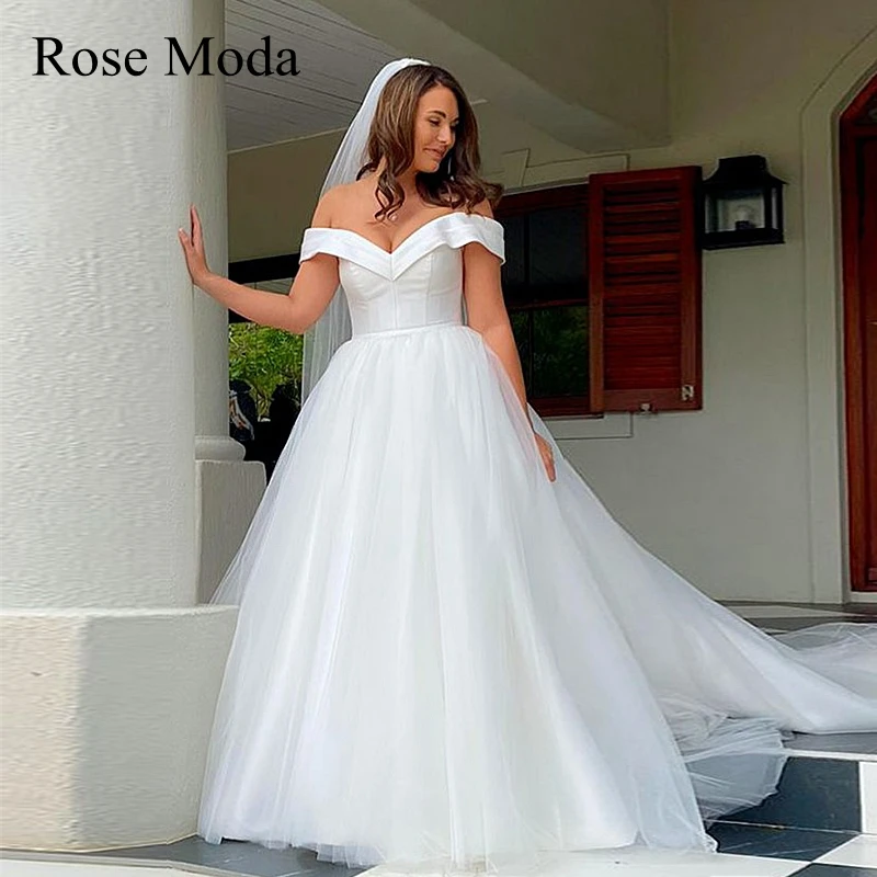 

Rose Moda Off the Shoulder Princess Tulle Wedding Dresses V Neck Destination Bridal Gown Custom Make