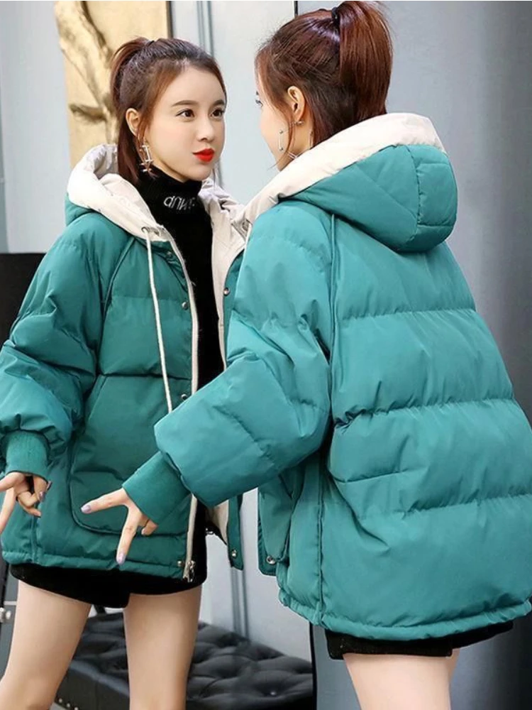 

Winter Jacket Women Nice Parkas Cotton Women's Short Korean Loose Green Hooded Long Sleeve Female Clothing Women's Coat Thick