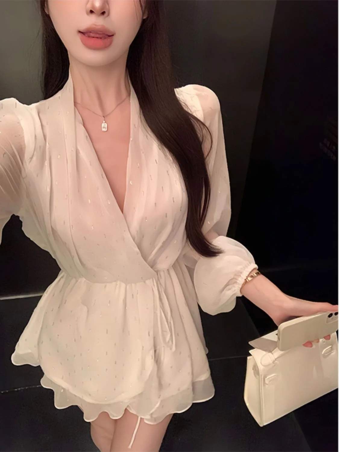 Female Dress Birthday Silk White Mini Soft Short Satin Women\'s Long Sleeve Chiffon Dresses High Quality Luxury Designer Retro G