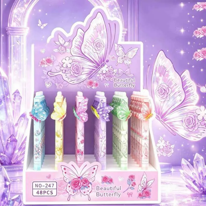 48pcs/lot Creative Butterfly Erasable Gel Pen Cute 0.5mm Blue Ink Signature Pens Office School Supplies