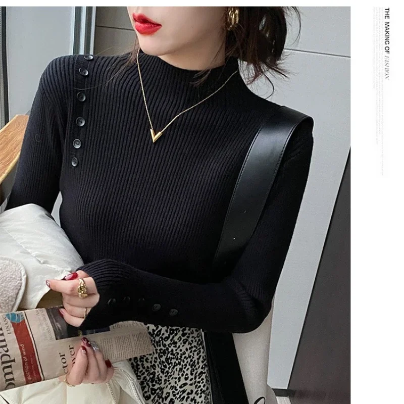 

Long Sleeve Mock Neck Knitted Shirt Women Pullover Sweater Tops Spring Autumn Female Slim Skinny Elastic Knit Bottoming Shirts