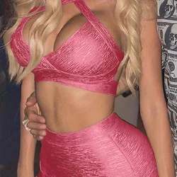 HQBORY Sexy Pink Metallic Hollow Bandage Crop Top 2023 Summer Women Vest Club Cocktail Criss Cross Cut Out Bodycon XL Camis Tank