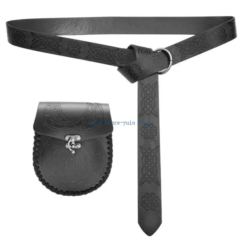 X7XB Medieval Belt Set for Adult Men Women Embossing Pattern Waist Belt with Coin Purse for Cosplay Vintage Accessory