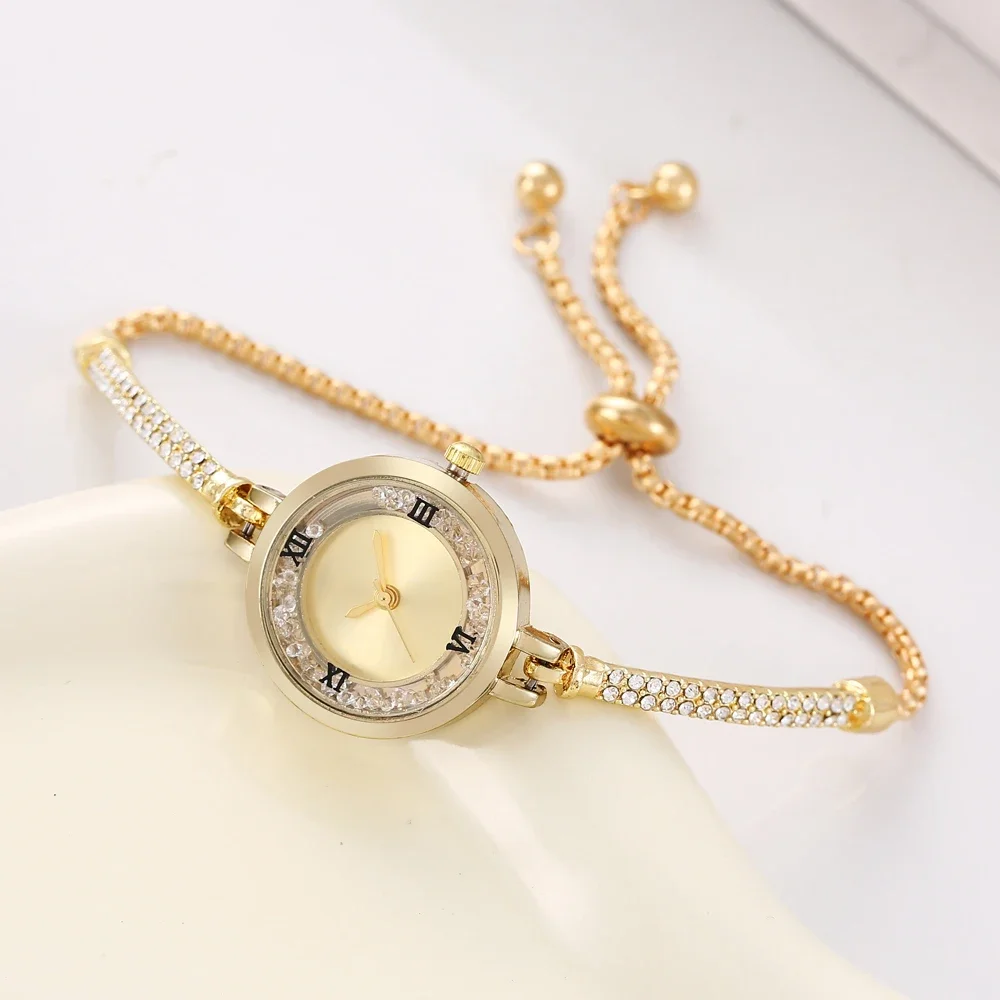 Girls' watch with small diamond inlaid circular college style dial decoration lazy pull-out small bracelet women's watch