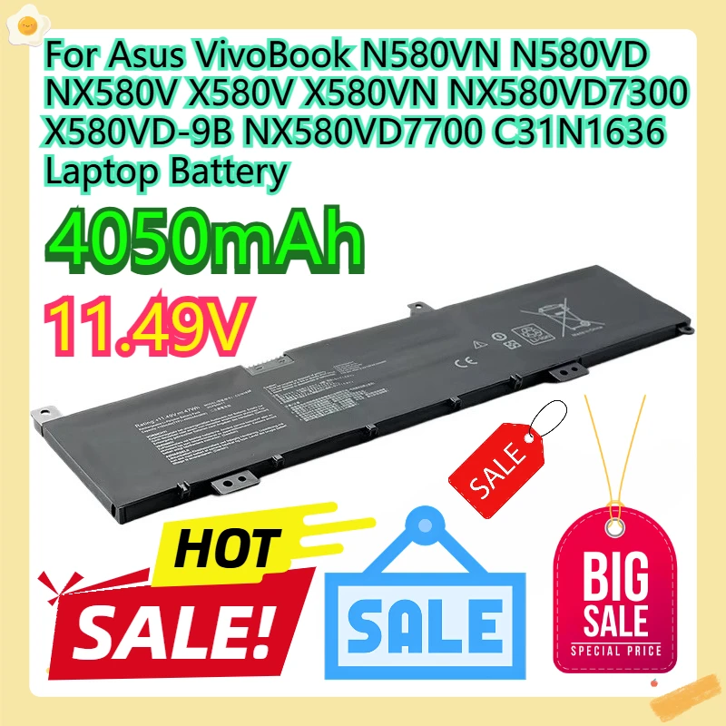For Asus VivoBook N580VN N580VD NX580V X580V X580VN NX580VD7300 X580VD-9B NX580VD7700 C31N1636 Laptop Battery 47WH