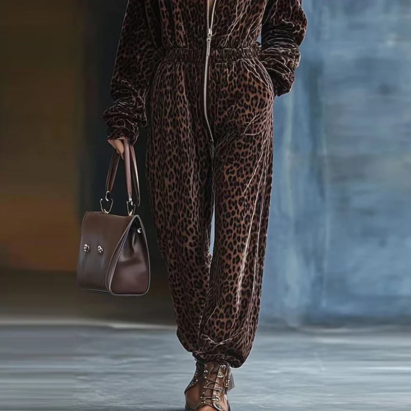 Combinaison Vintage taille haute avec poches pour femme, combishort décontracté, manches longues, fermeture éclair, capuche, imprimé léopard, nouvelle collection automne hiver