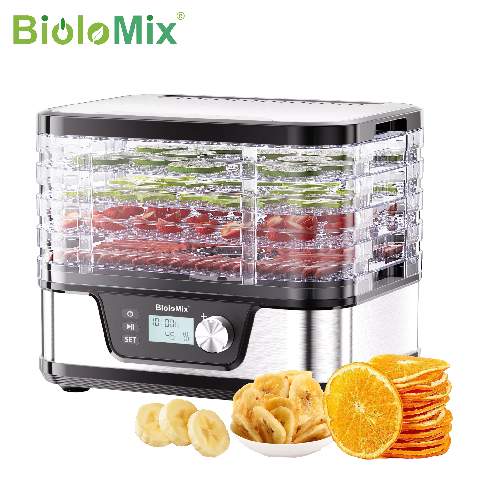 BioloMix 10L BPA-Free 5-Trays Food Dehydrator Dryer with Digital Timer & Temperature Control for Fruits Vegetables Meat Jerky