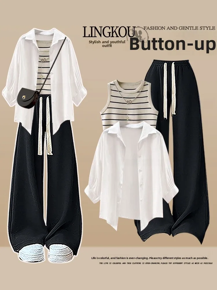 Summer Spring plus Size Casual Ele Women's Set Sunscreen irt Stripe Vest Wide Leg Slimming Casual Pants Tee Piece Set
