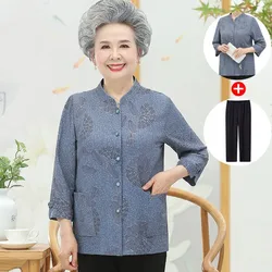 XL-5XL Elderly Women Blouse Spring Autumn Three Quarter Sleeves Print Shirts Casual Female Cardigan Tops Grandmother Blusa W178
