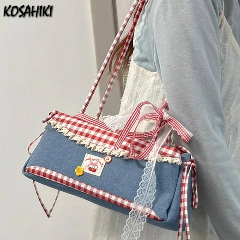 

Kawaii Sweet Contrast Color Plaid Women Handbags Vintage Patchwork Denim Underarm Bag Y2k Aesthetic Luxury Design Shoulder Bags