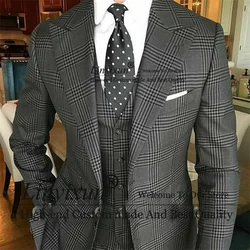 Dark Grey Plaid Mens Suits Notched Lapel Groom Wedding Tuxedos Business Male Prom Blazers 3 Pieces Sets Bridegroom Costume Homme