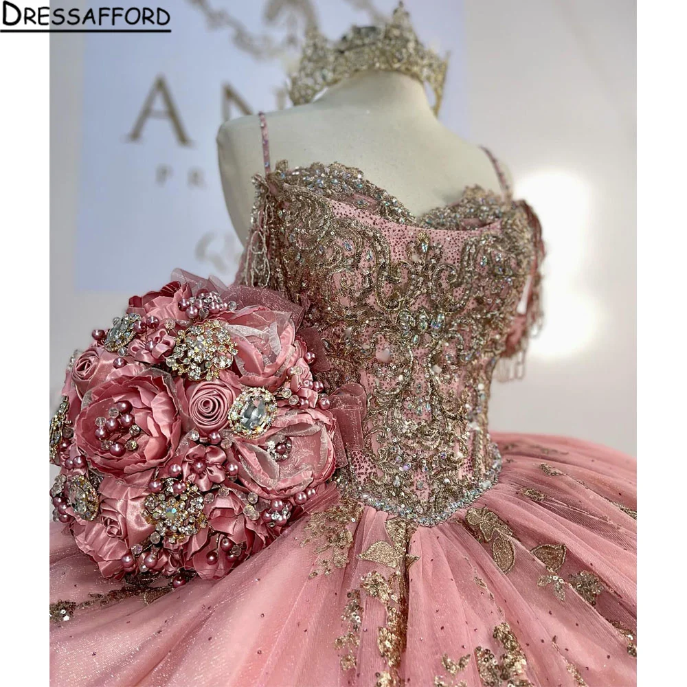 Rose Gold Quinceanera Dresses Sleeveless Sparkly Crystal Sequined Ball Gown Off The Shoulder 3D Flowers Tull Corset Vestidos Par