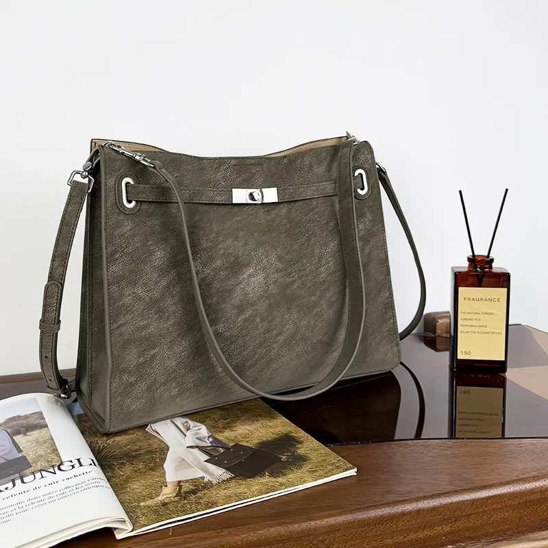 

Niche Light Luxury Autumn Winter Lock Retro Suede Bag High Texture Portable Shoulder Crossbody Commuter Tote Bag Large Capacity