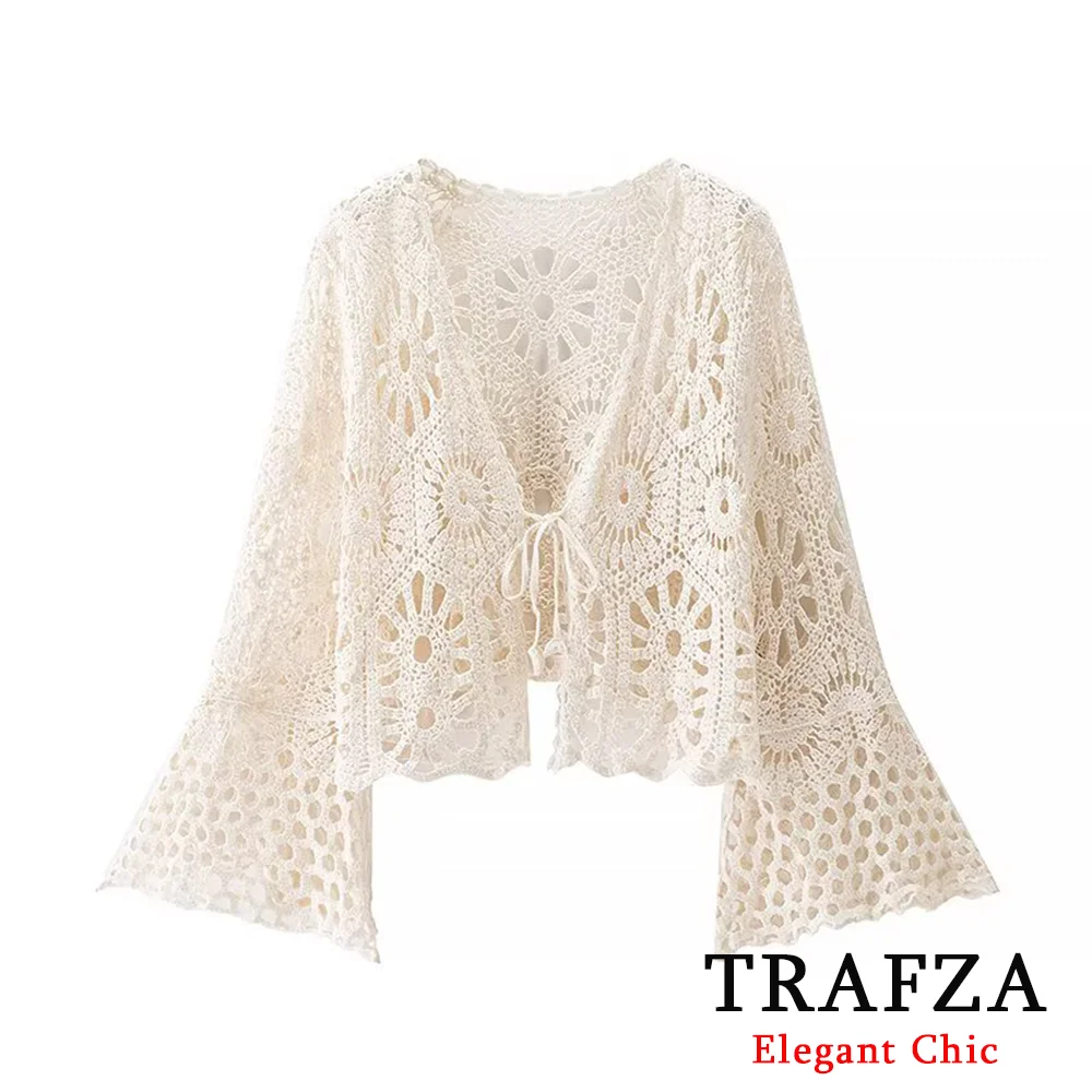 

TRAFZA Women Vintage Boho Crochet Floral Top V-Neck Shirt Cardigan New 2025 Spring/Summer Fashion Holiday Beach Party Cardigan
