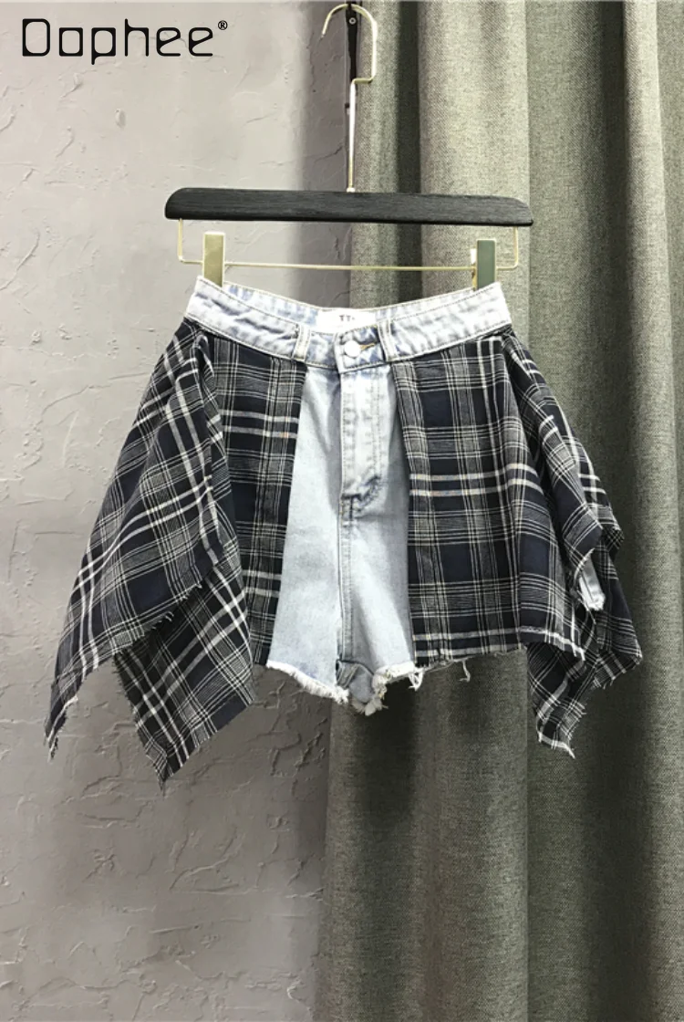 Ruffles Plaid Patchwork Denim Shorts Women High Waist Fake Two Piece Wide Leg Irregular A-line Short Pants Street Fashion