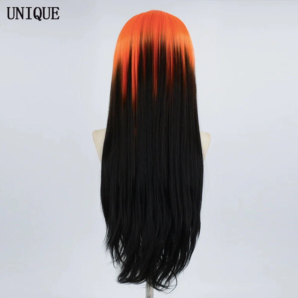 UNIQUEWIG Long Straight Synthetic Lace Front Wigs for Women Ombre Orange Black Wig Natural Hairline High Temperature Cosplay Wig