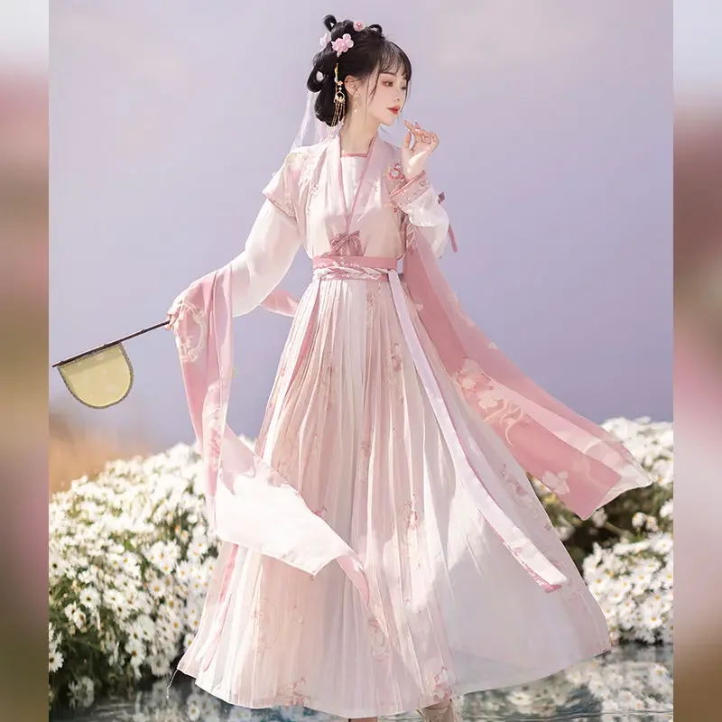 Women Ancient Chinese Hanfu Dress Costumes Pink Embroidered Coat White Blouse Printed Skirt Vestidos Elegantes Para Mujer